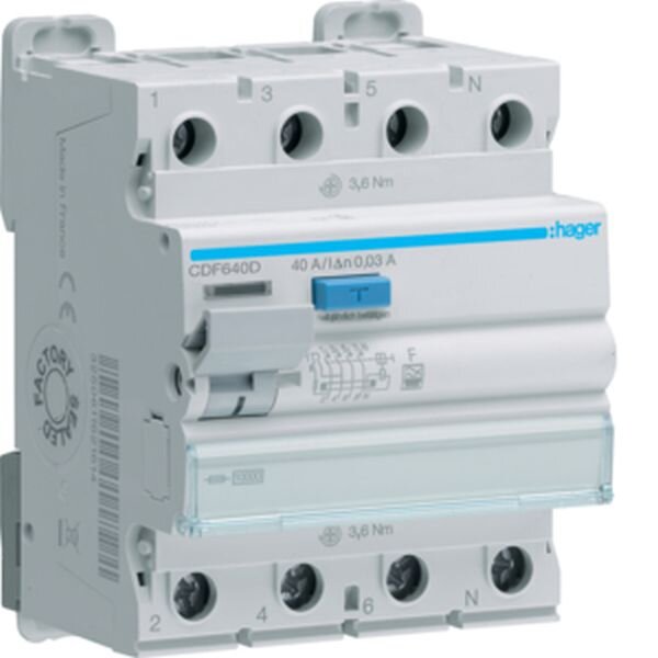 HAGER Fehlerstromschutzschalter CDF640D 4P 10kA 40A 30mA Typ F
