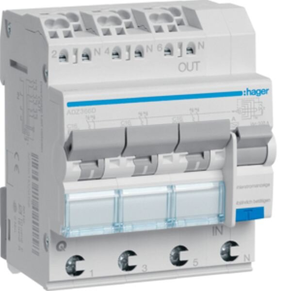 HAGER FI/LS-Schalter ADZ366D 3x 1polig+N 6kA C16A 0,03A A