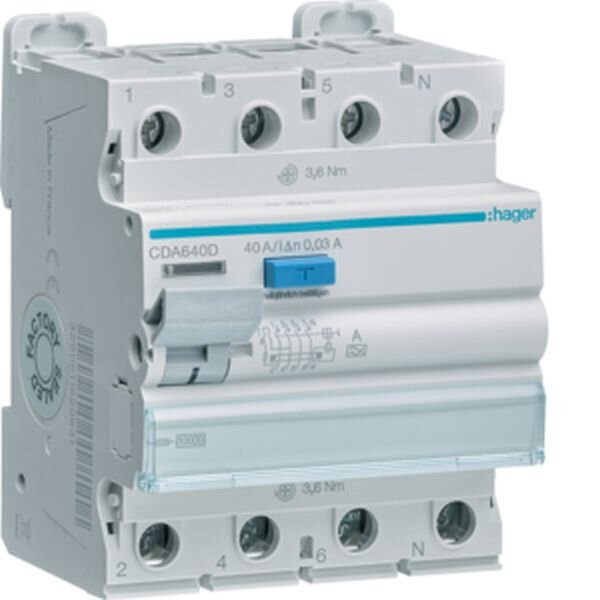 HAGER Fehlerstromschutzschalter CDA640D 4P 10kA 40A 30mA Typ A