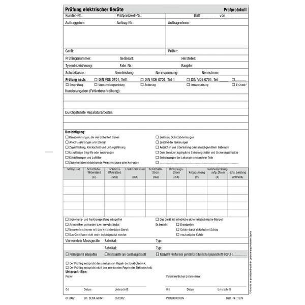 FLUKE Pr&uuml;fprotokoll 1279 1 Block mit 50 Blatt 0701/0702