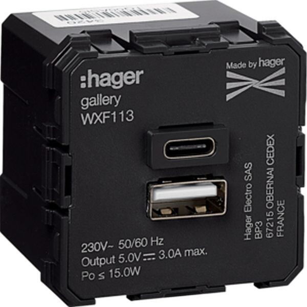 HAGER TEHALIT USB-Ladeger&auml;t WXF113 Typ A+C 230V 50/60Hz 2-f 45x45mm