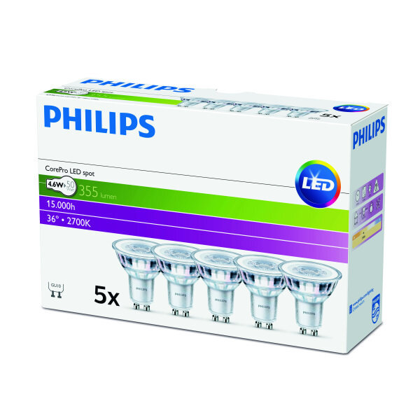 PHILIPS LED-Leuchtmittel 5-Pack CoreProLEDspot 4,6-50W GU10 827 PK=5Stck