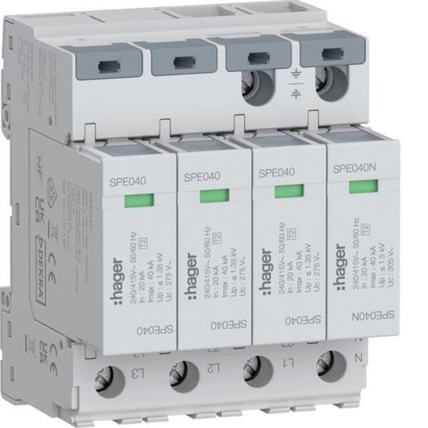 HAGER &Uuml;berspannungsableiter 4P T2 TNS/TT Uc 275V In 20kA Imax 40kA